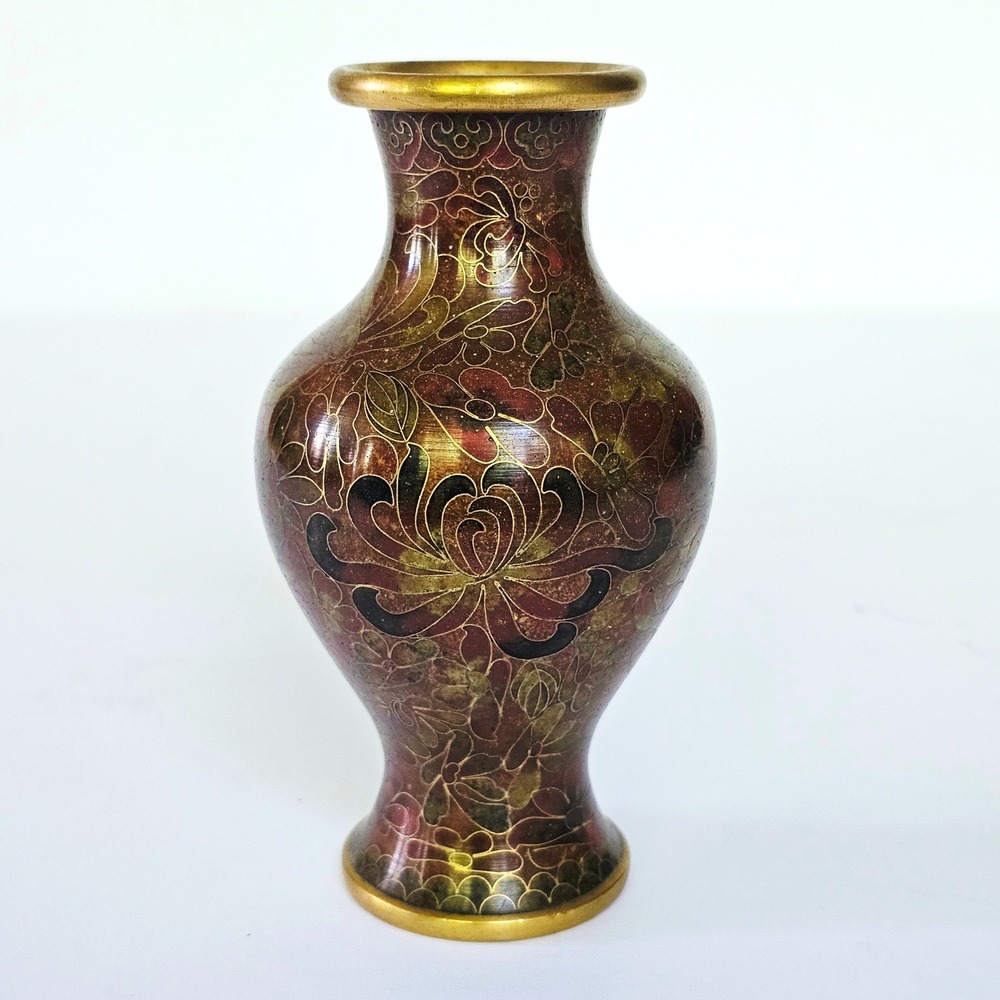 Vintage Chinese Cloisonné Brass Bud Vase Floral Lotus Enamel Chinoiserie Decor